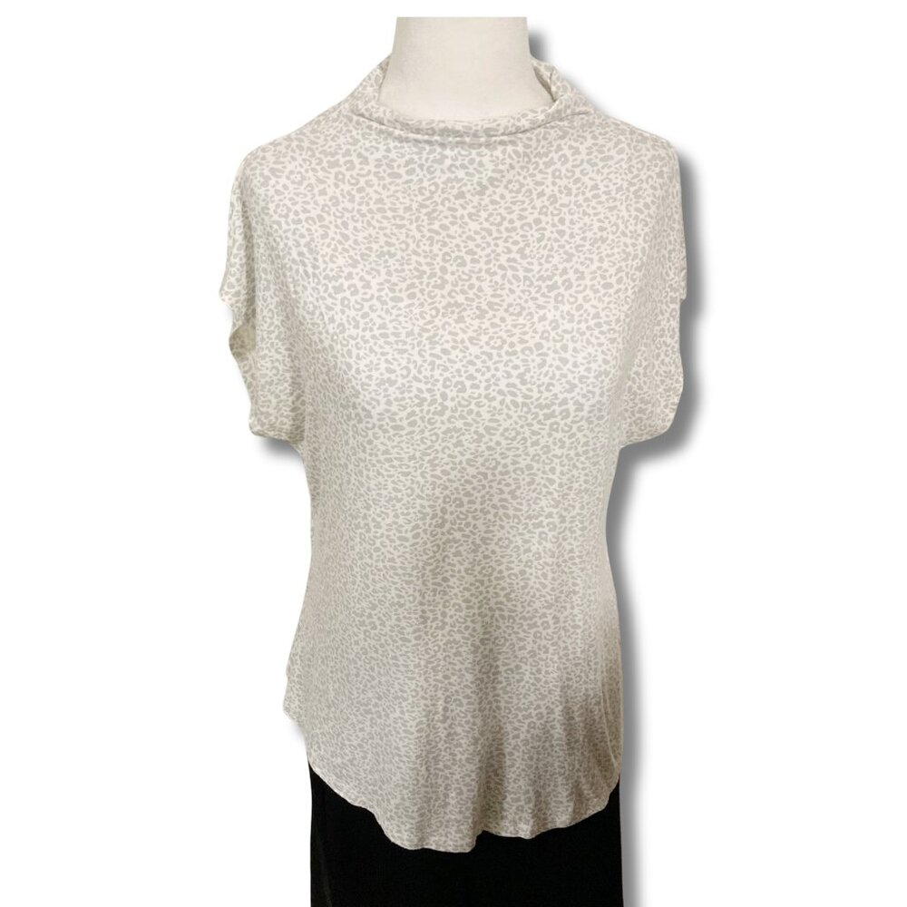 DENVER HAYES Cream light grey leopard print cowl turtleneck top MEDIUM LARGE tee